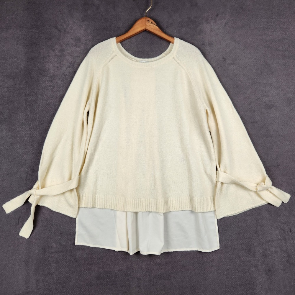 Kensie Sweater Womens Large Cream Knit Chiffon Back Bell Sleeve Tie KSNK5719 NEW